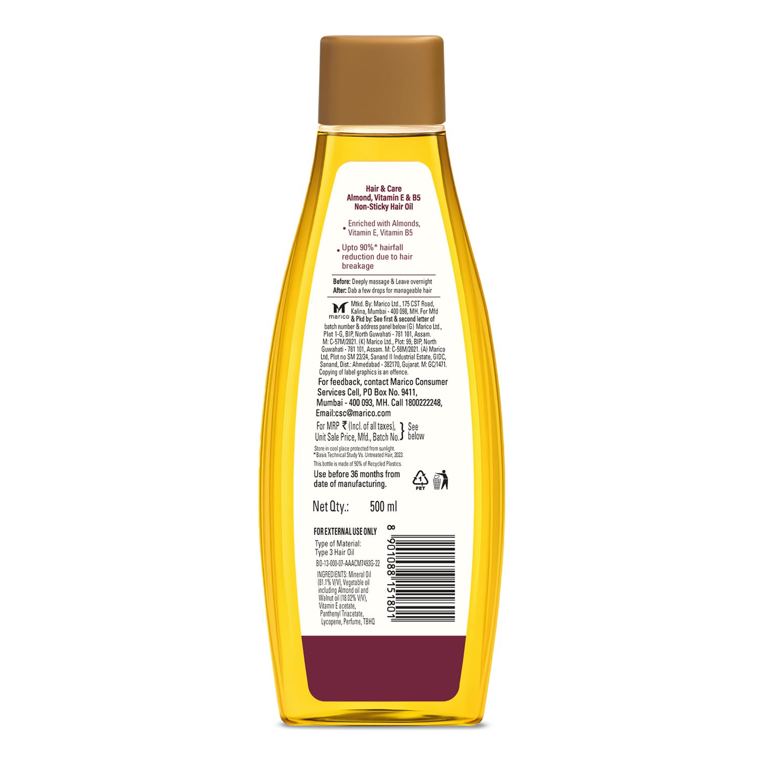 Hair & Care Almond, Vitamin E & B5 Non-Sticky Hair Oil - 500ml | Up to 90% Less Hair Fall | Frizz Control | Smooth & Glossy Hair