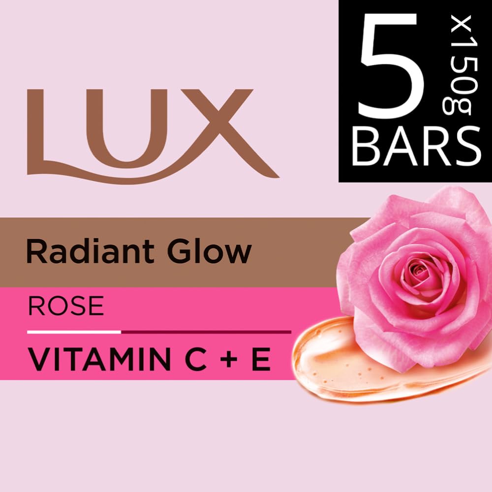 Lux Radiant Glow Bathing Soap infused with Vitamin C & E |For Superior Glow|Buy 4 Get 1 Free|150g