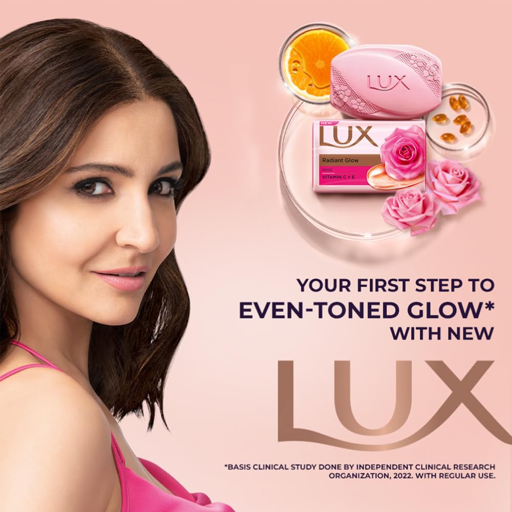 Lux Radiant Glow Bathing Soap infused with Vitamin C & E |For Superior Glow|Buy 4 Get 1 Free|150g