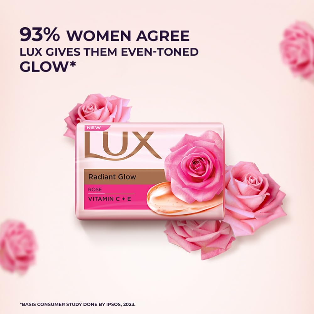 Lux Radiant Glow Bathing Soap infused with Vitamin C & E |For Superior Glow|Buy 4 Get 1 Free|150g