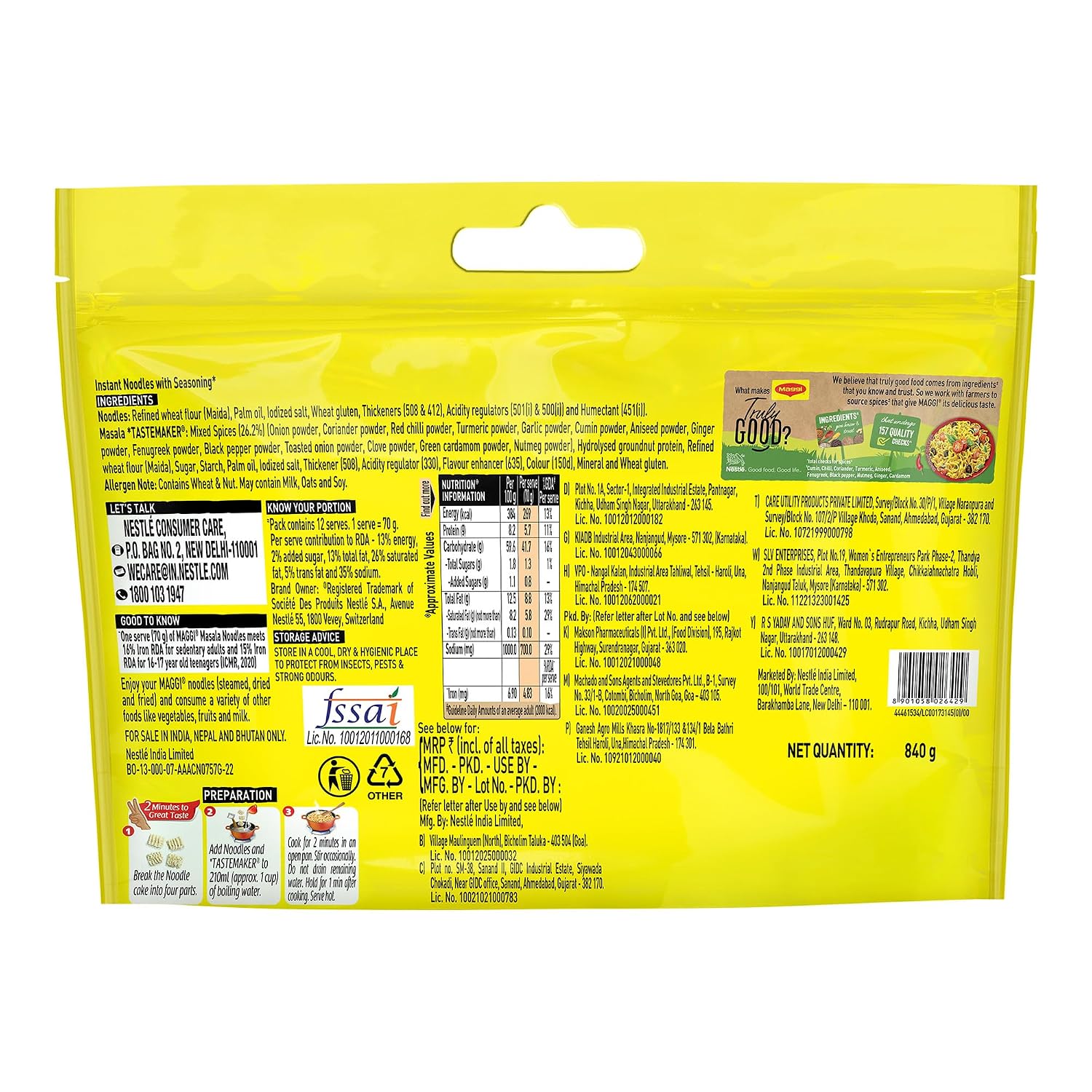 MAGGI 2-Minute Instant Noodles, Favourite Masala Taste, Masala Noodles With Goodness Of Iron, Made With Choicest Quality Spices, 840/900g Pouch (Pack of 12, 70/75g each) (weight...