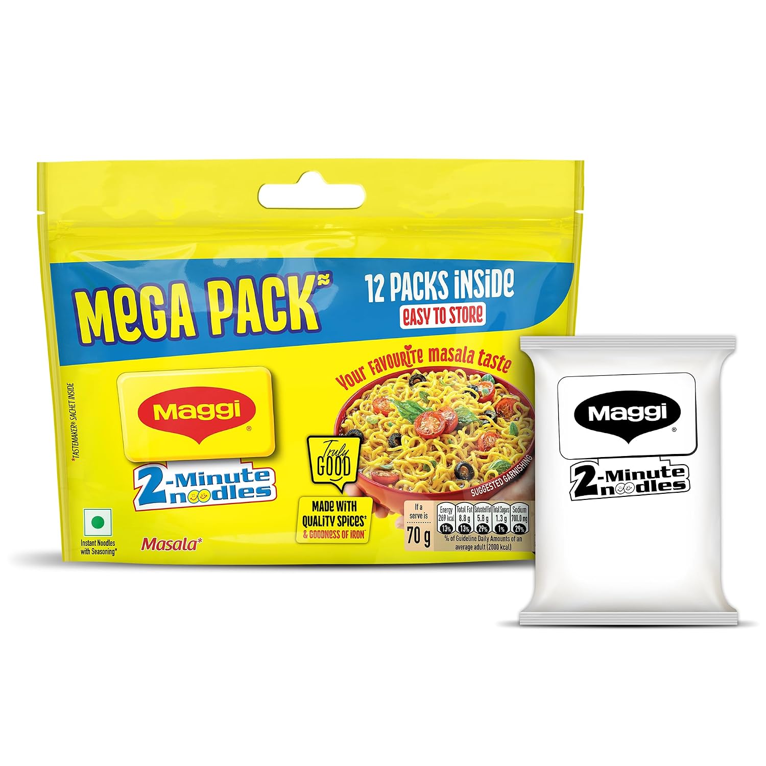 MAGGI 2-Minute Instant Noodles, Favourite Masala Taste, Masala Noodles With Goodness Of Iron, Made With Choicest Quality Spices, 840/900g Pouch (Pack of 12, 70/75g each) (weight...