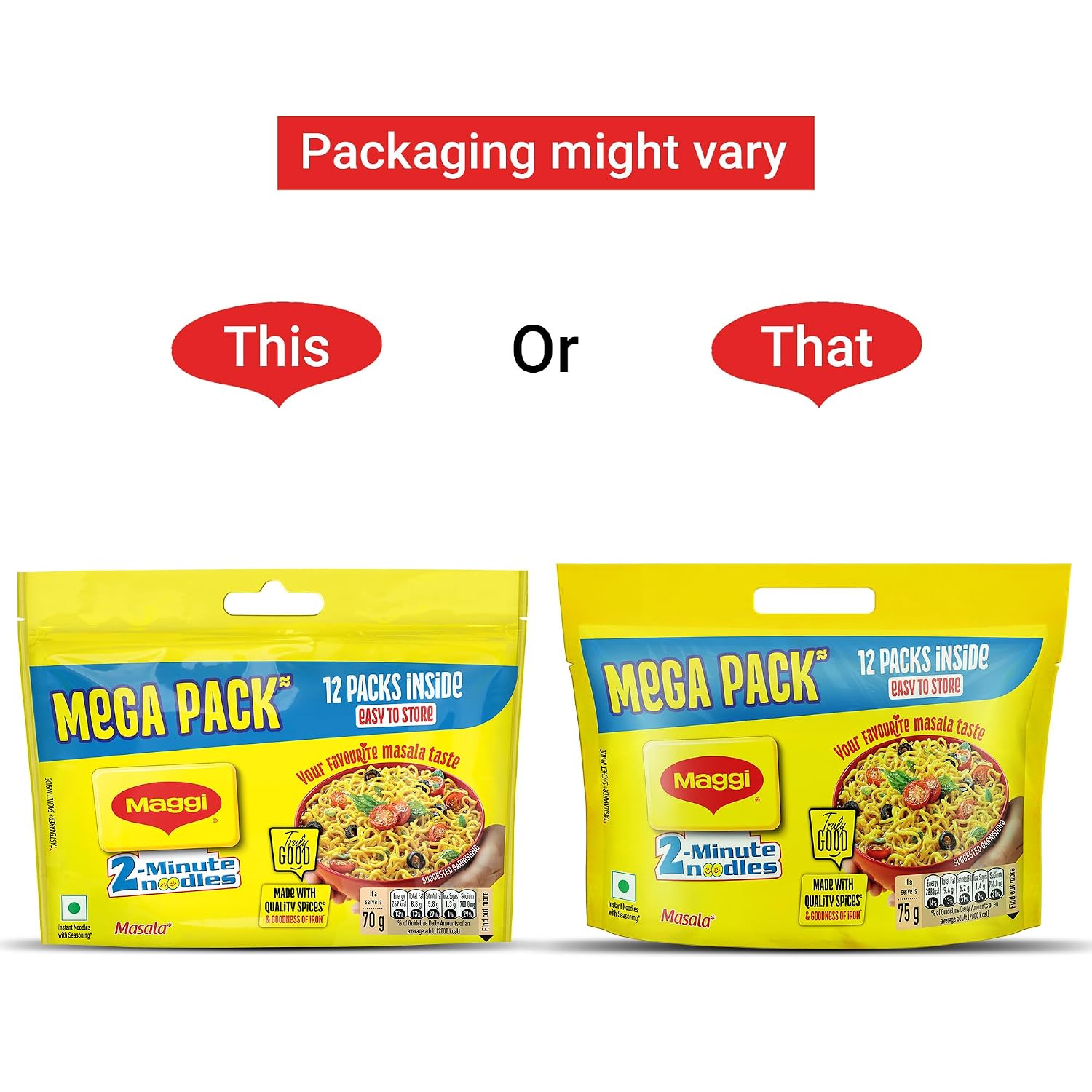 MAGGI 2-Minute Instant Noodles, Favourite Masala Taste, Masala Noodles With Goodness Of Iron, Made With Choicest Quality Spices, 840/900g Pouch (Pack of 12, 70/75g each) (weight...