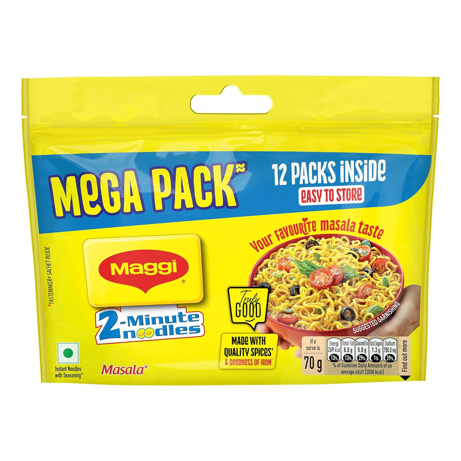 MAGGI 2-Minute Instant Noodles, Favourite Masala Taste, Masala Noodles With Goodness Of Iron, Made With Choicest Quality Spices, 840/900g Pouch (Pack of 12, 70/75g each) (weight...