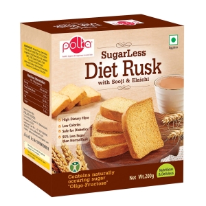 Polka Sugarless Diet Rusk,Sooji with Elaichi, Healthy Snack, High Fiber, Digestive, Sugar Free, 200 Gm
